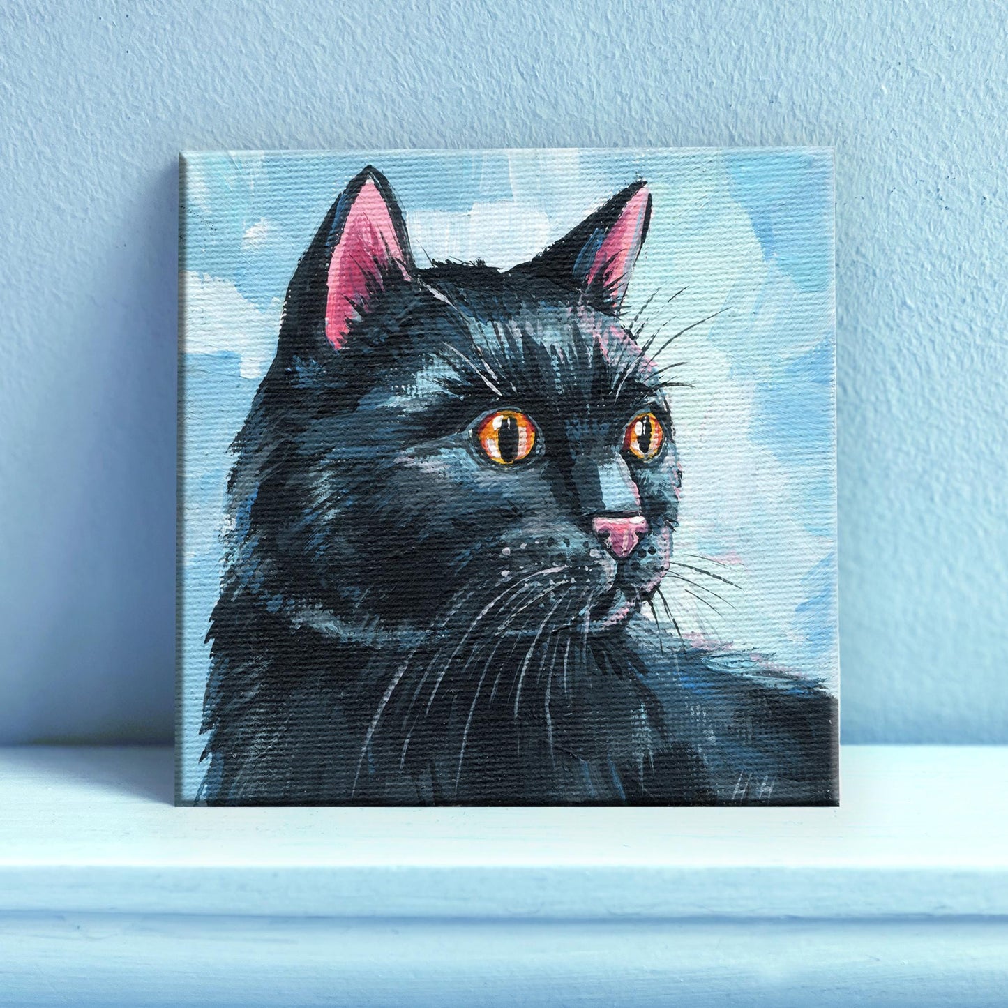 Cute Black Cat on blue Painting. Hand-Painted Black Cat Portrait, Cozy Home Decor, 4x4 Canvas, Cute Animal Art, Black kitten gift for girl
