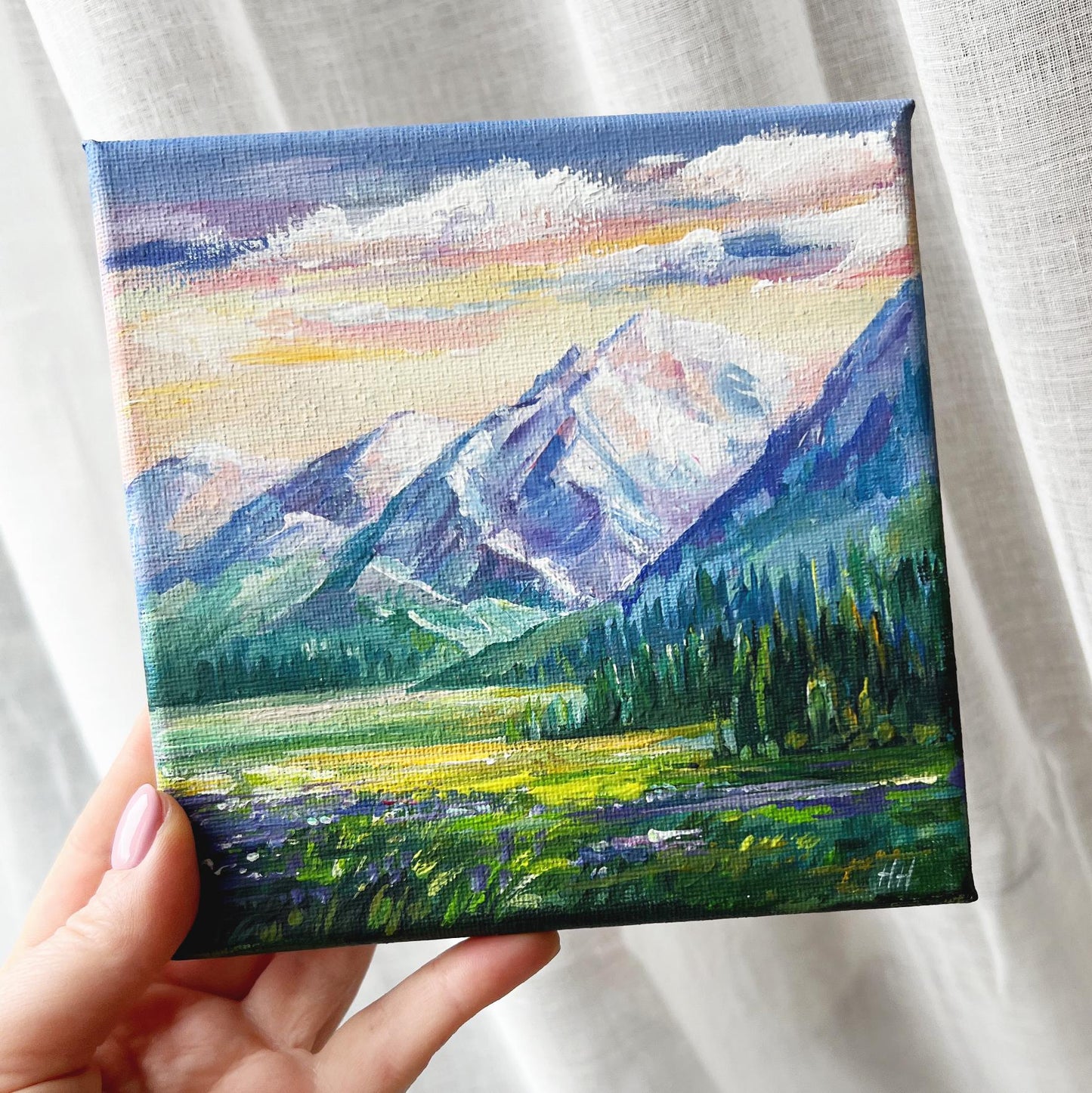 Mountain Landscape Original Painting, Alpine Nature Art, Hand-Painted mini Canvas, Snowy Peaks, Gift for Hiker, Moms. Home Wall Decor