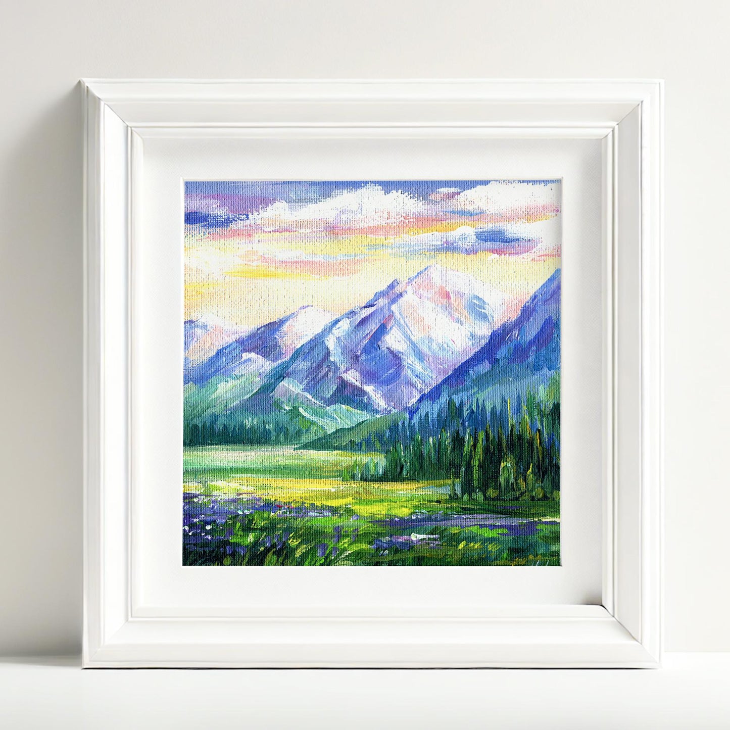 Mountain Landscape Original Painting, Alpine Nature Art, Hand-Painted mini Canvas, Snowy Peaks, Gift for Hiker, Moms. Home Wall Decor