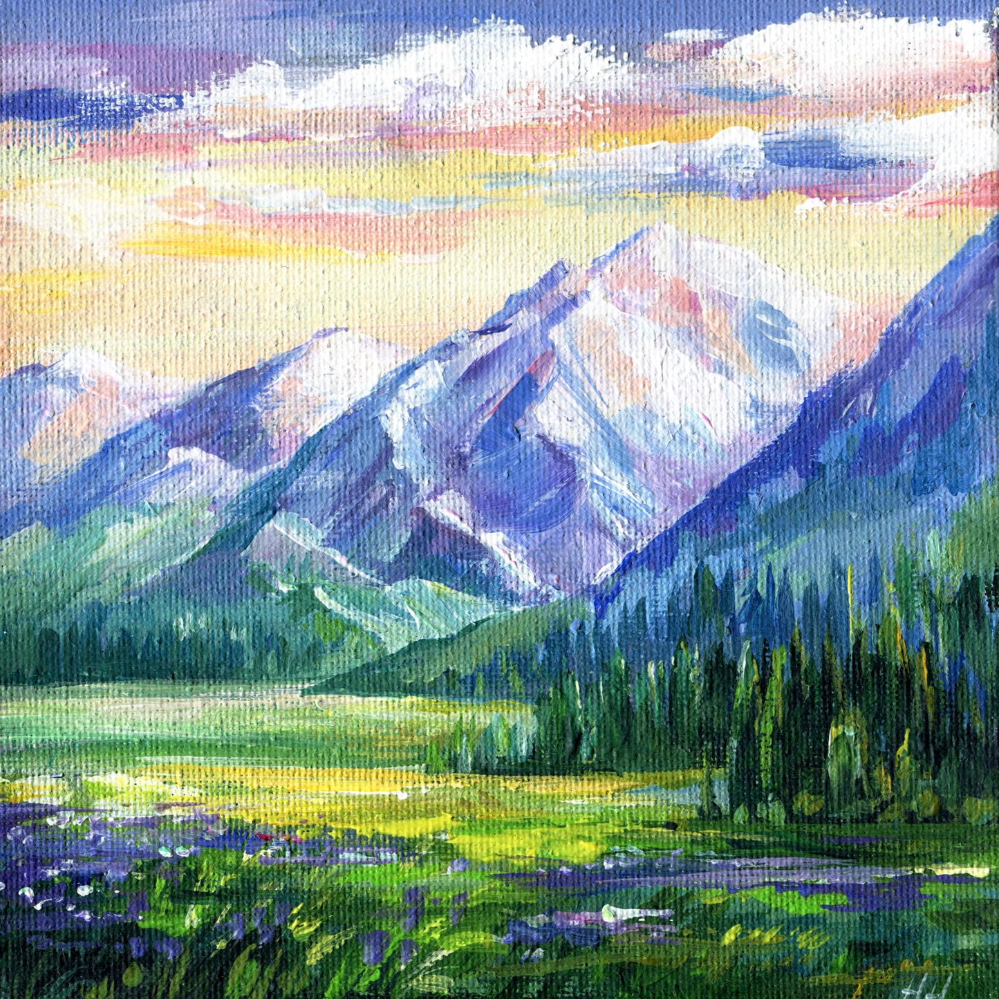 Mountain Landscape Original Painting, Alpine Nature Art, Hand-Painted mini Canvas, Snowy Peaks, Gift for Hiker, Moms. Home Wall Decor