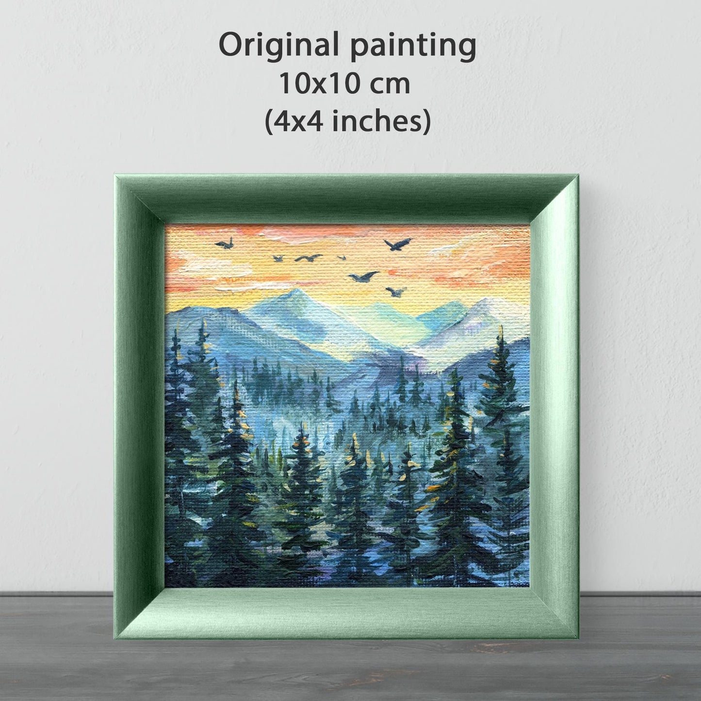 Mountain Wilderness painting. Original Hand-Painted Miniature Landscape, Birds fly over the misty forest, Nature Wall Art, Mini Mountain 4x4