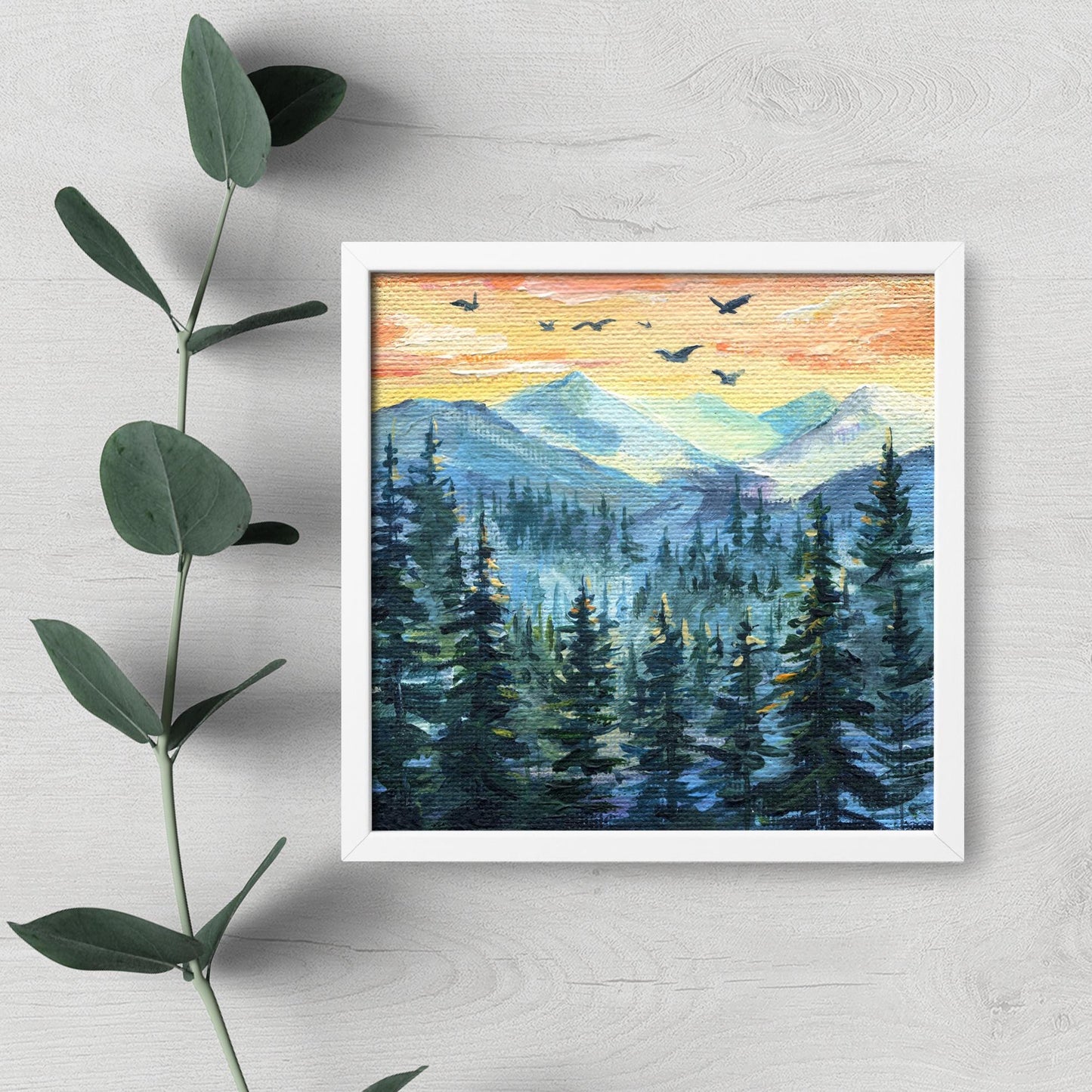 Mountain Wilderness painting. Original Hand-Painted Miniature Landscape, Birds fly over the misty forest, Nature Wall Art, Mini Mountain 4x4