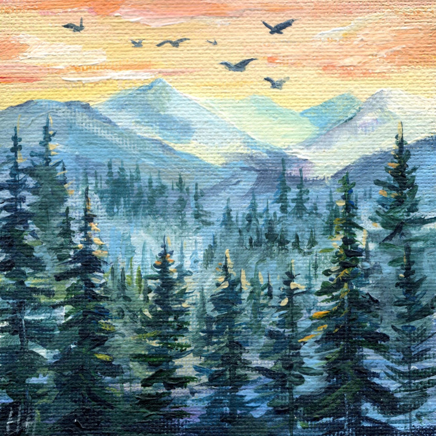Mountain Wilderness painting. Original Hand-Painted Miniature Landscape, Birds fly over the misty forest, Nature Wall Art, Mini Mountain 4x4