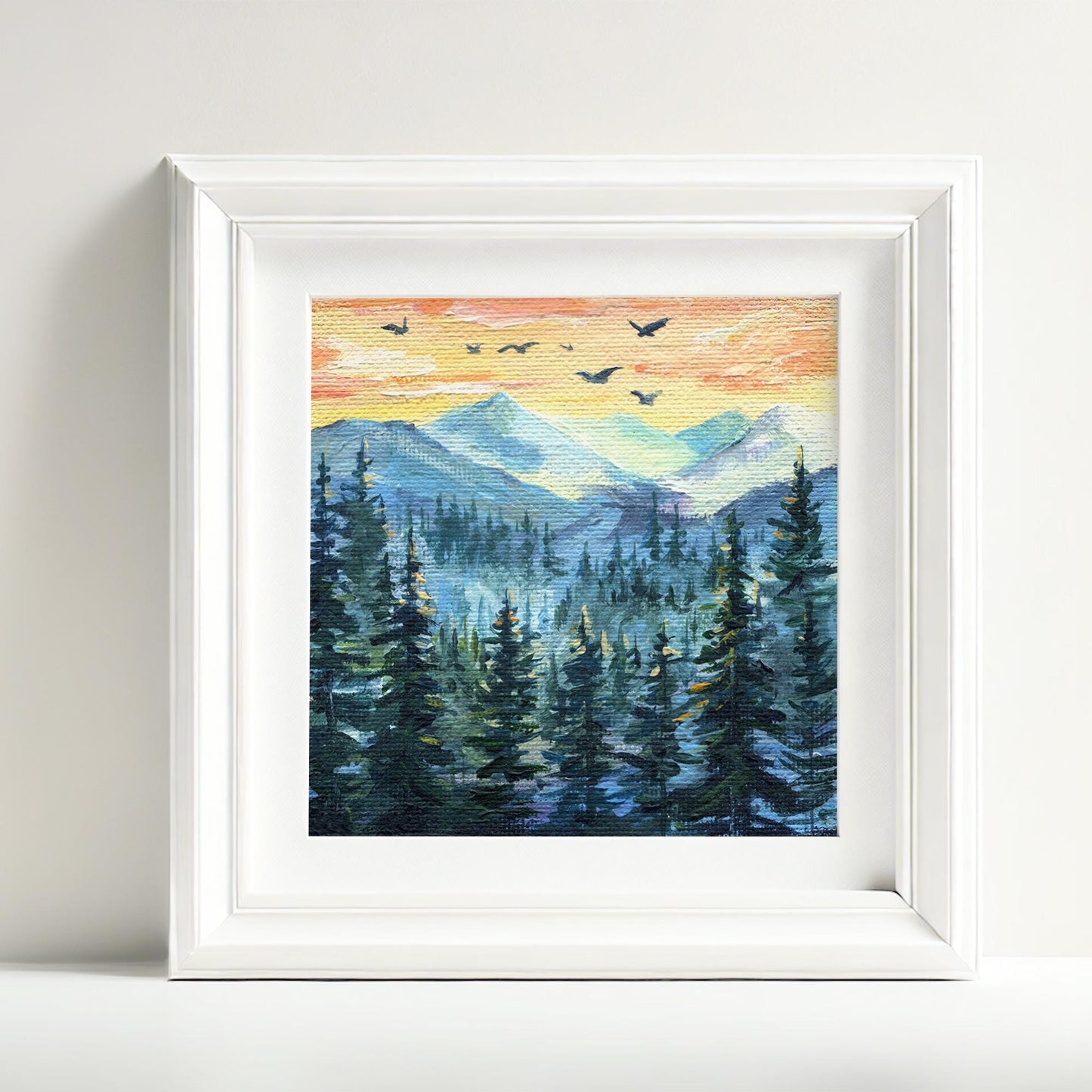 Mountain Wilderness painting. Original Hand-Painted Miniature Landscape, Birds fly over the misty forest, Nature Wall Art, Mini Mountain 4x4