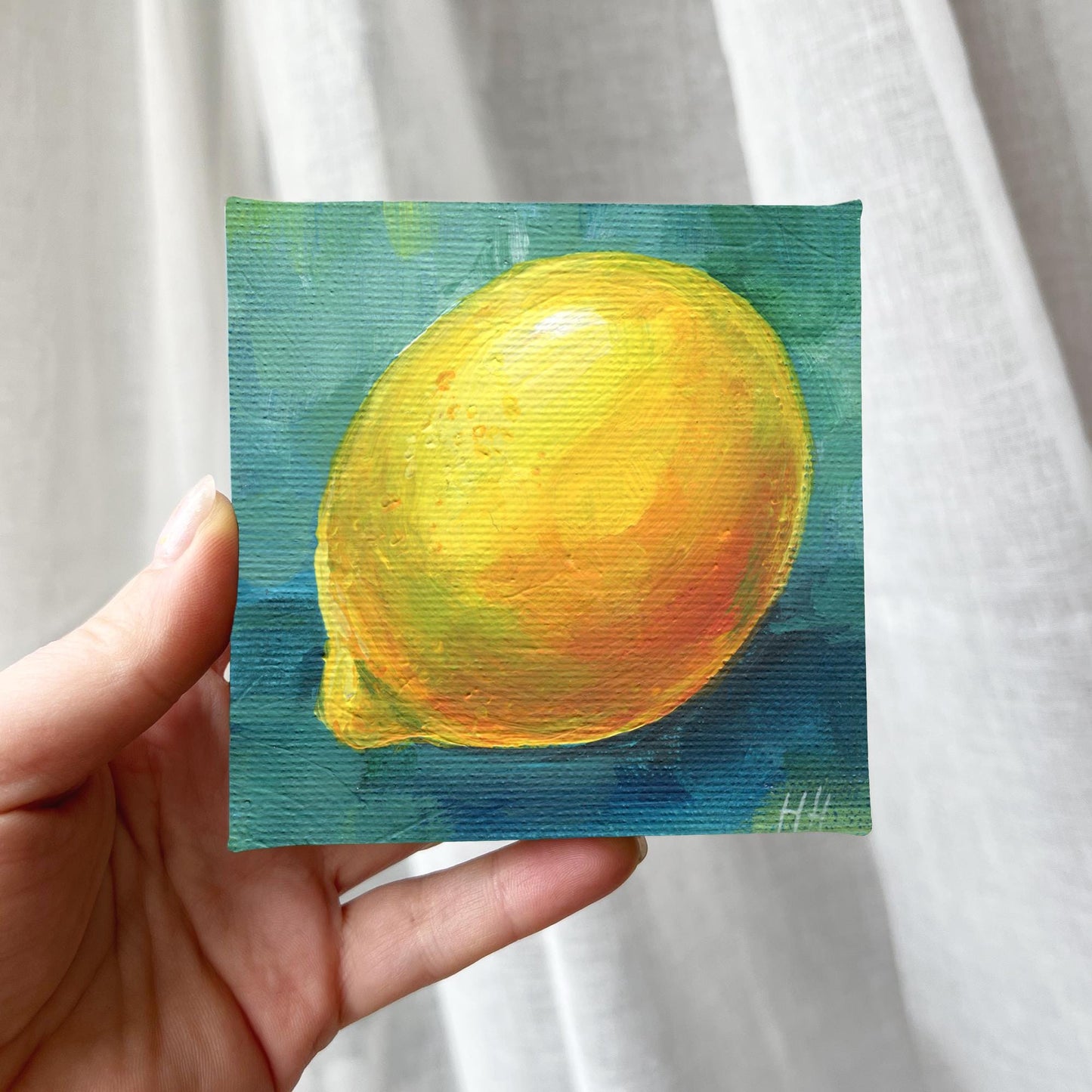 Original Lemon Oil Painting, Miniature Fruit Art, Small Kitchen Decor, Yellow Citrus Canvas, Tiny Still Life