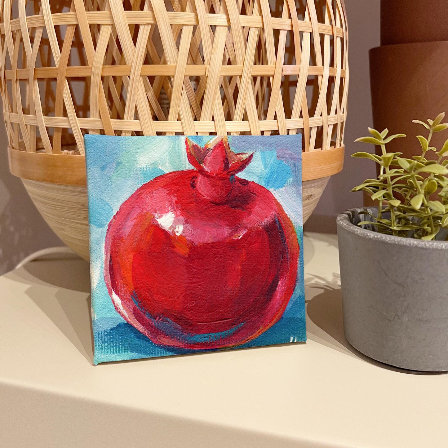 Original Pomegranate Painting - Mini Canvas Art - Small Fruit Artwork Kitchen Wall Decor Acrylic Food Painting. 4x4 in Canvas