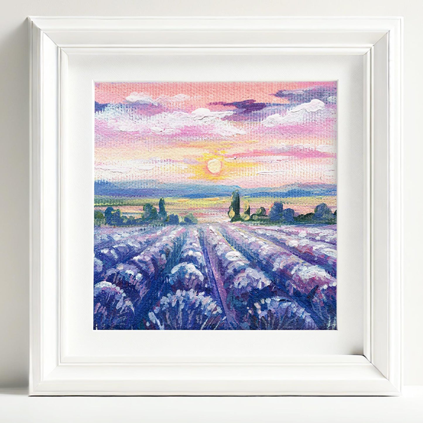 Miniature acrylic painting of lavender fields at sunset – Provence-inspired landscape by Hanna Hryharenka