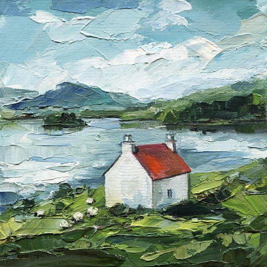Original 6x6 inch Scotland oil painting featuring a countryside cottage with textured impasto technique, rural landscape with traditional Scottish stone house by Hanna Hryharenka
