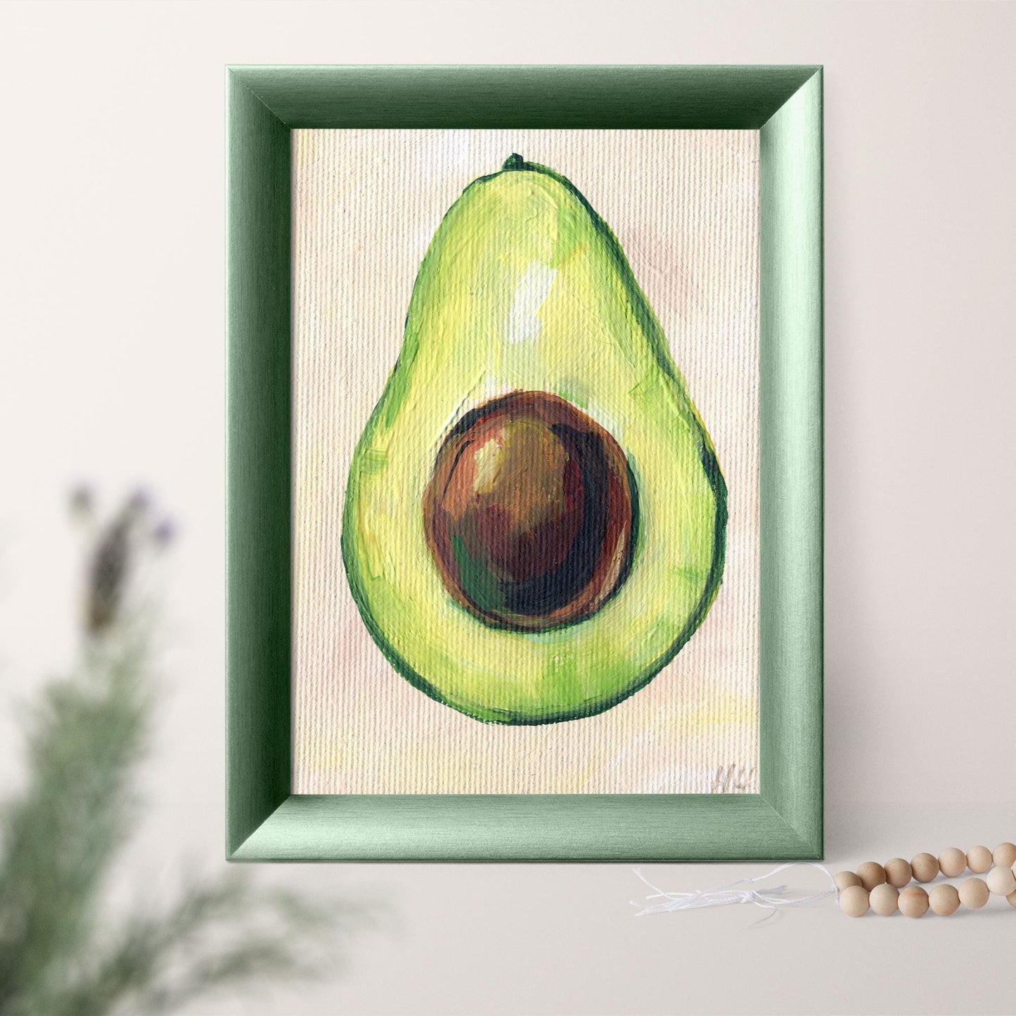 Original Avocado oil painting by Hanna Hryharenka showing small canvas size in relation to display space