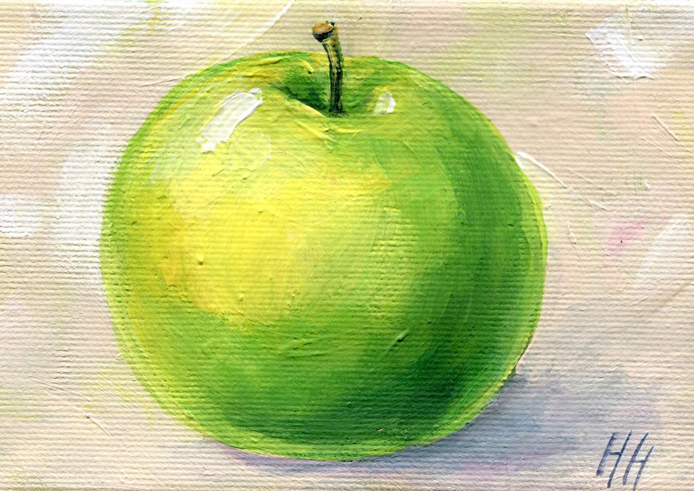 Green Apple Painting. Summer Green Apple Art. Original Fruit Painting on Small Canvas. Kitchen Decor. Original acrylic painting