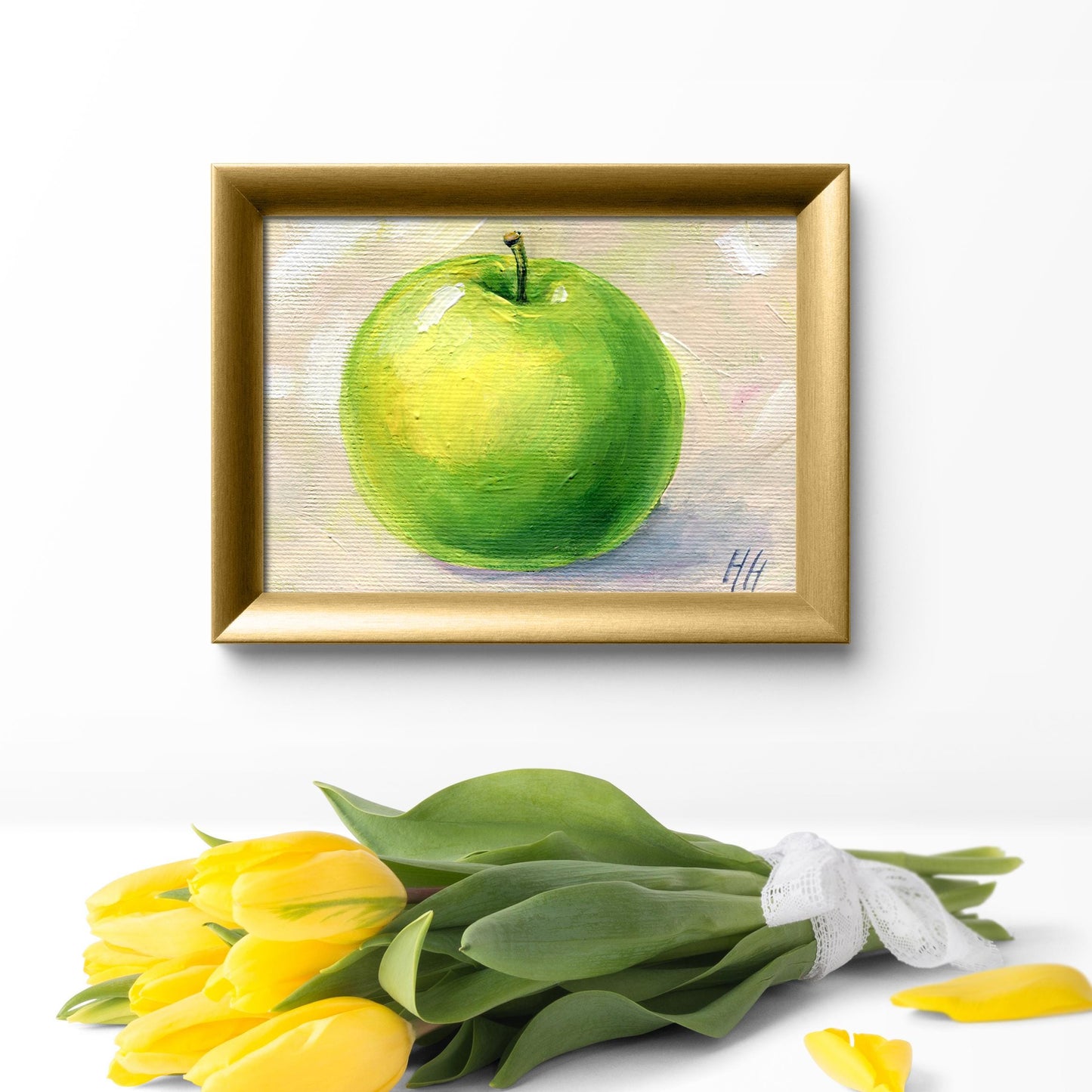 Green Apple Painting. Summer Green Apple Art. Original Fruit Painting on Small Canvas. Kitchen Decor. Original acrylic painting