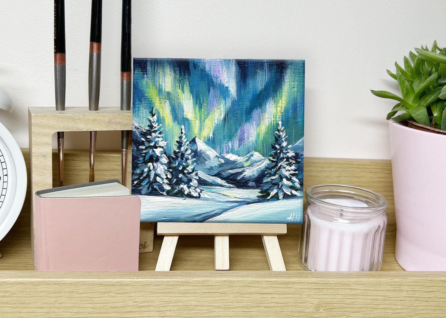 Hand-Painted Aurora Borealis Acrylic Painting: Snowy Mountain Winter Art