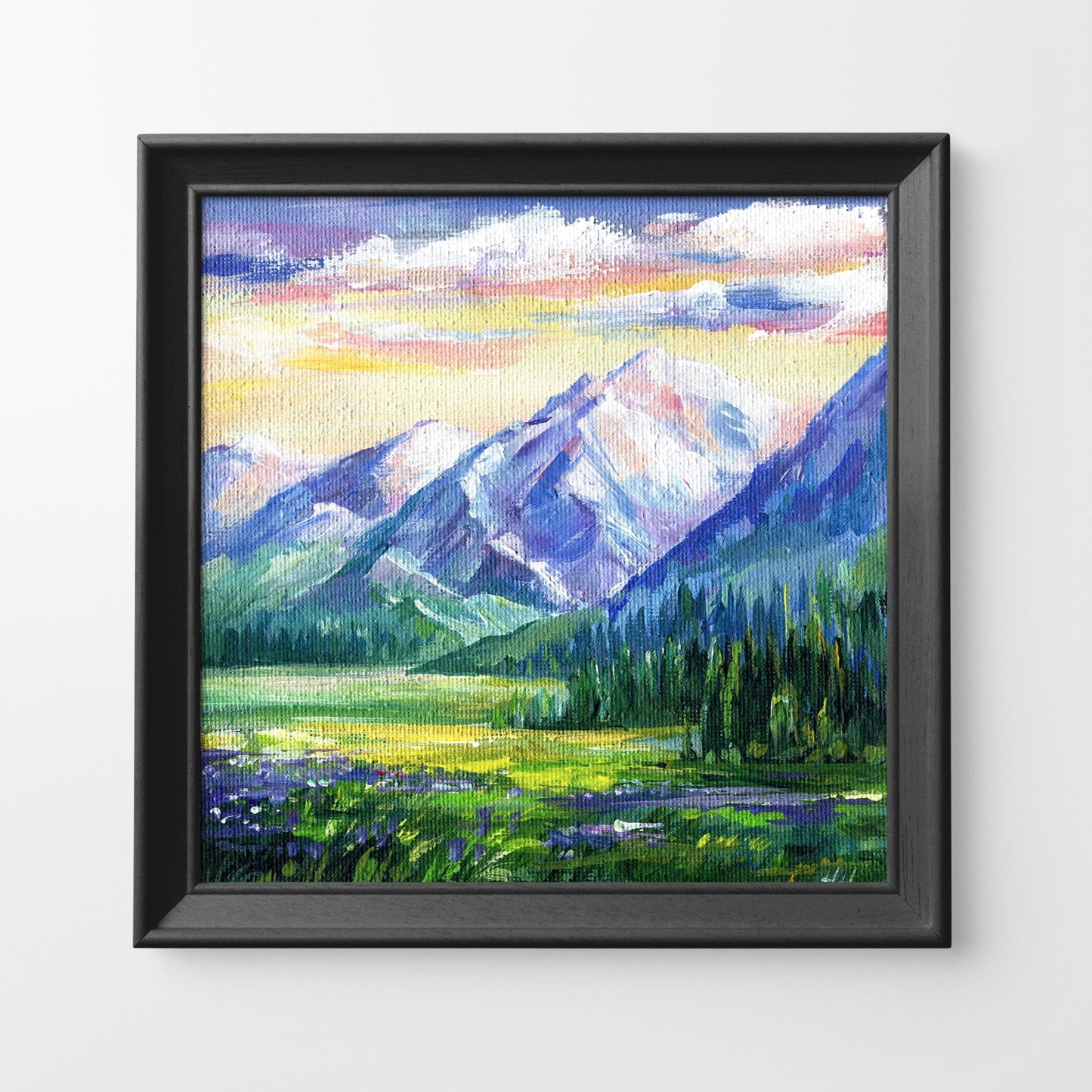 Mountain Landscape Original Painting, Alpine Nature Art, Hand-Painted mini Canvas, Snowy Peaks, Gift for Hiker, Moms. Home Wall Decor