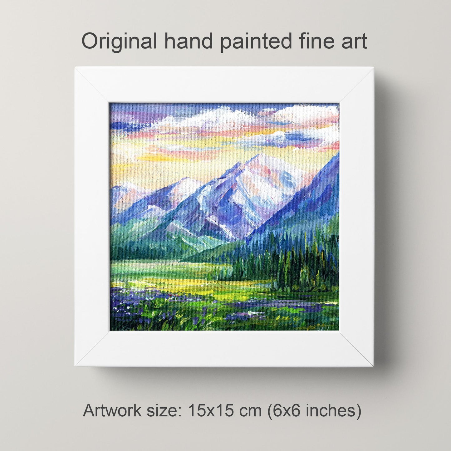 Mountain Landscape Original Painting, Alpine Nature Art, Hand-Painted mini Canvas, Snowy Peaks, Gift for Hiker, Moms. Home Wall Decor