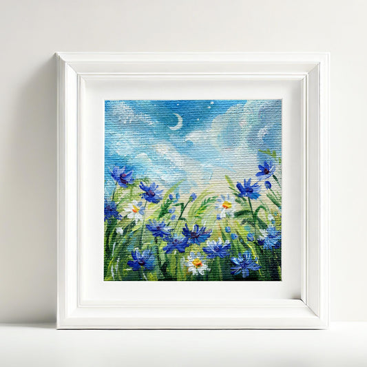 Mini Wildflower Meadow Painting – Cornflowers, Daisies and Crescent Moon – 3x3 Inch Hand Painted Acrylic Art, Summer Floral Gift oil artwork