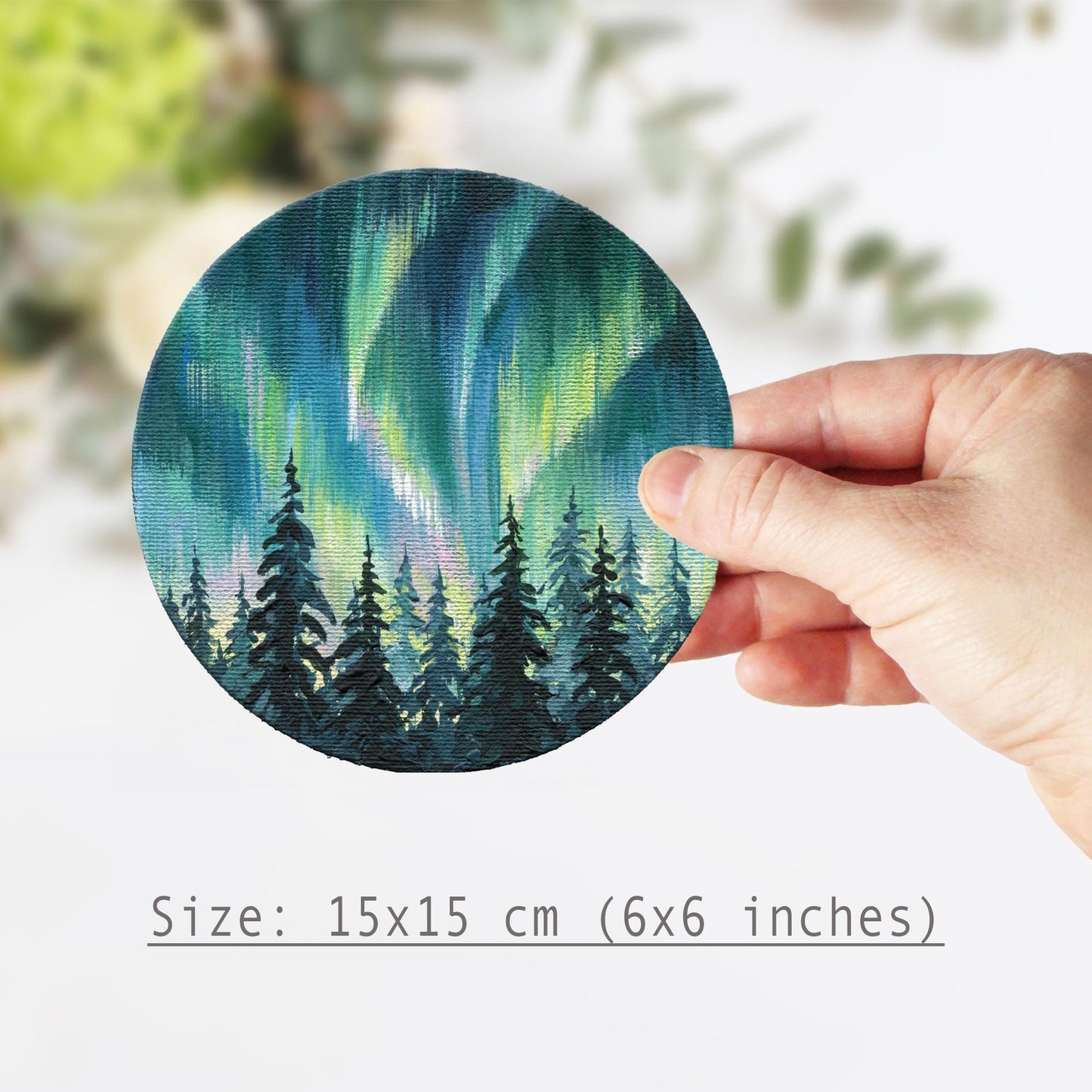 Aurora Borealis Forest Painting – 6x6 In Round Acrylic Art – Northern Lights Night Sky – Hand Painted Landscape – Winter Wall Decor, oil art