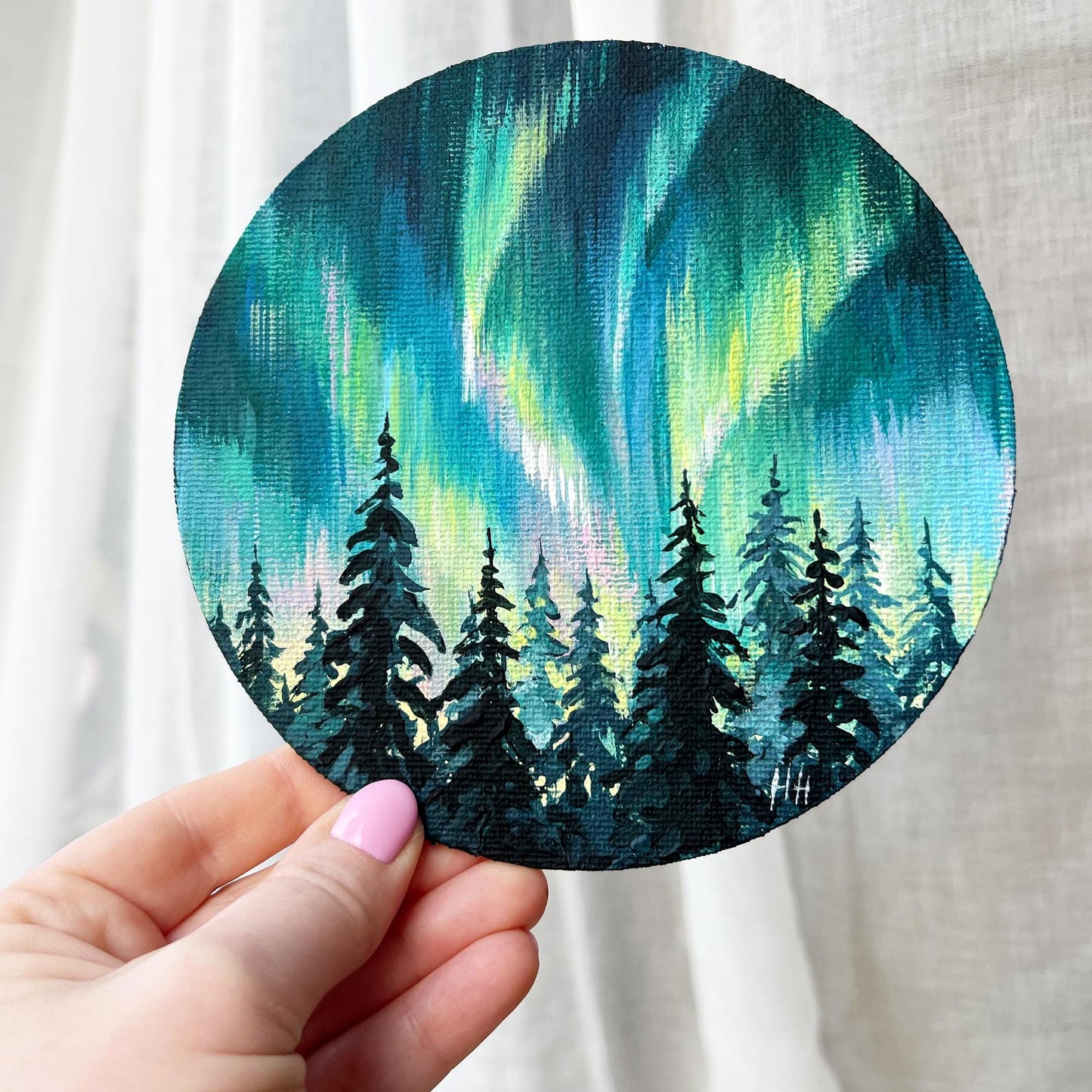 Aurora Borealis Forest Painting – 6x6 In Round Acrylic Art – Northern Lights Night Sky – Hand Painted Landscape – Winter Wall Decor, oil art