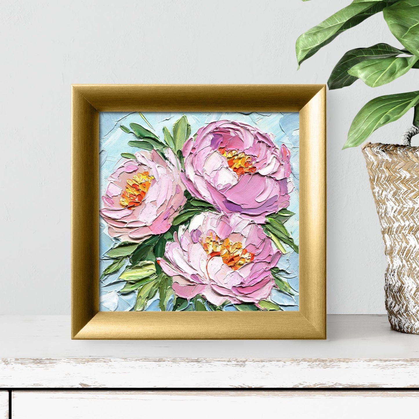 Detail shot of pink peony flowers in oil painting, capturing the rich texture and depth created through impasto technique, perfect as floral wall decor