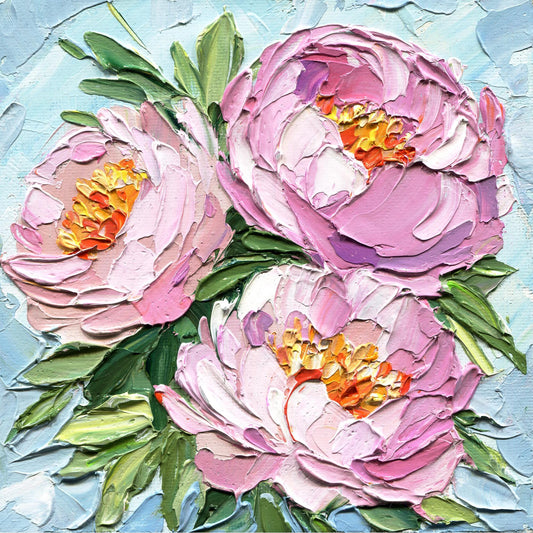 Original oil painting of pink peonies with textured impasto technique, showing vibrant floral details against a light background, painted on canvas by Hanna Hryharenka