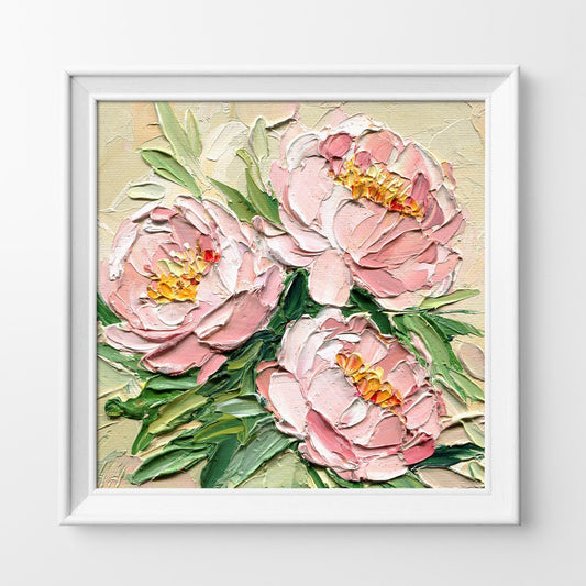 Peony Oil Painting – 6x6 Inch Impasto Floral Art – Blush Pink Peonies on Beige – Textured Flower Wall Decor