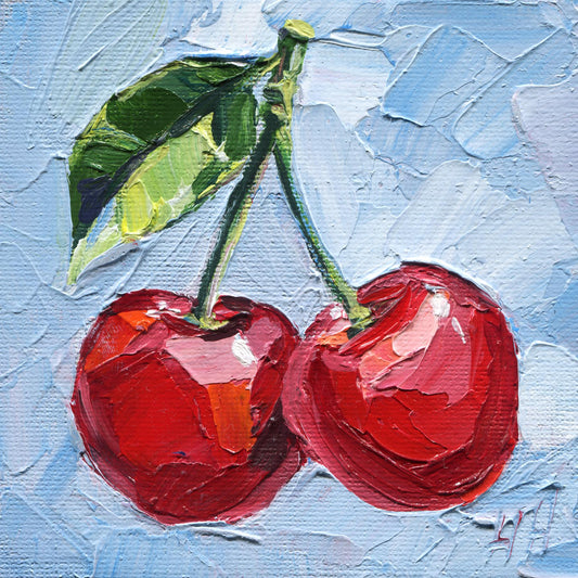 Original Cherry Oil Painting - 4x4" Fruit Wall Art