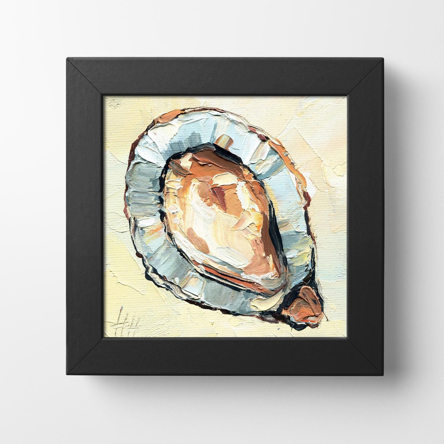 Detail shot of Hanna Hryharenka's oyster painting showing the elegant neutral palette and thick brushstrokes, original mini canvas perfect for food lovers and coastal decor enthusiasts