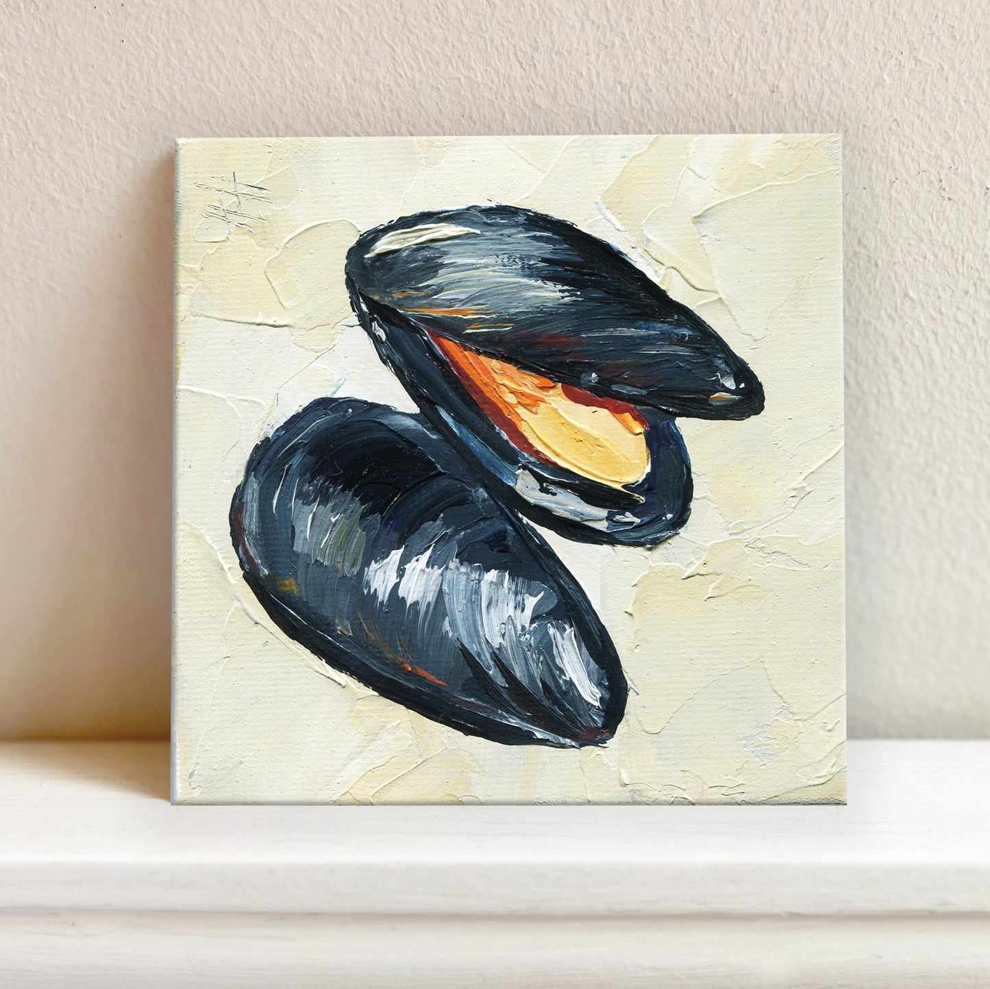 Original 4x4 inch mussel oil painting by Hanna Hryharenka featuring two dark glossy mussels with impasto texture, one open revealing warm orange tones against creamy neutral background, perfect for coastal kitchen decor by Hanna Art