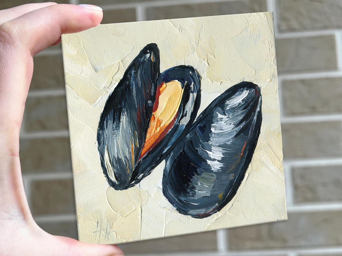Side angle of mussel impasto painting by Hanna Art highlighting the three-dimensional texture and layered oil paint technique that brings the glossy shell subjects to life with professional quality