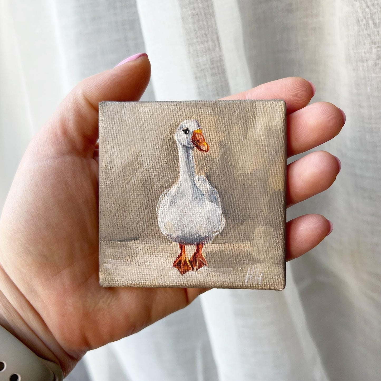 Goose Painting on Mini Canvas – Original 3x3 Acrylic Artwork – White Goose Wall Art – Tiny Animal oil Painting Farmhouse Decor