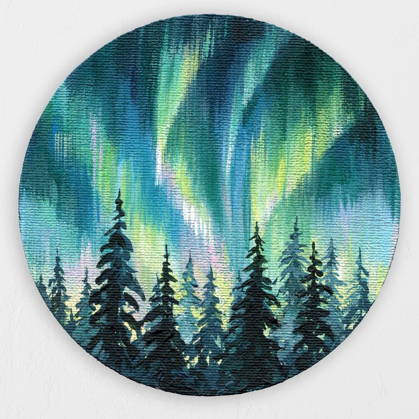 Aurora Borealis Forest Painting – 6x6 In Round Acrylic Art – Northern Lights Night Sky – Hand Painted Landscape – Winter Wall Decor, oil art