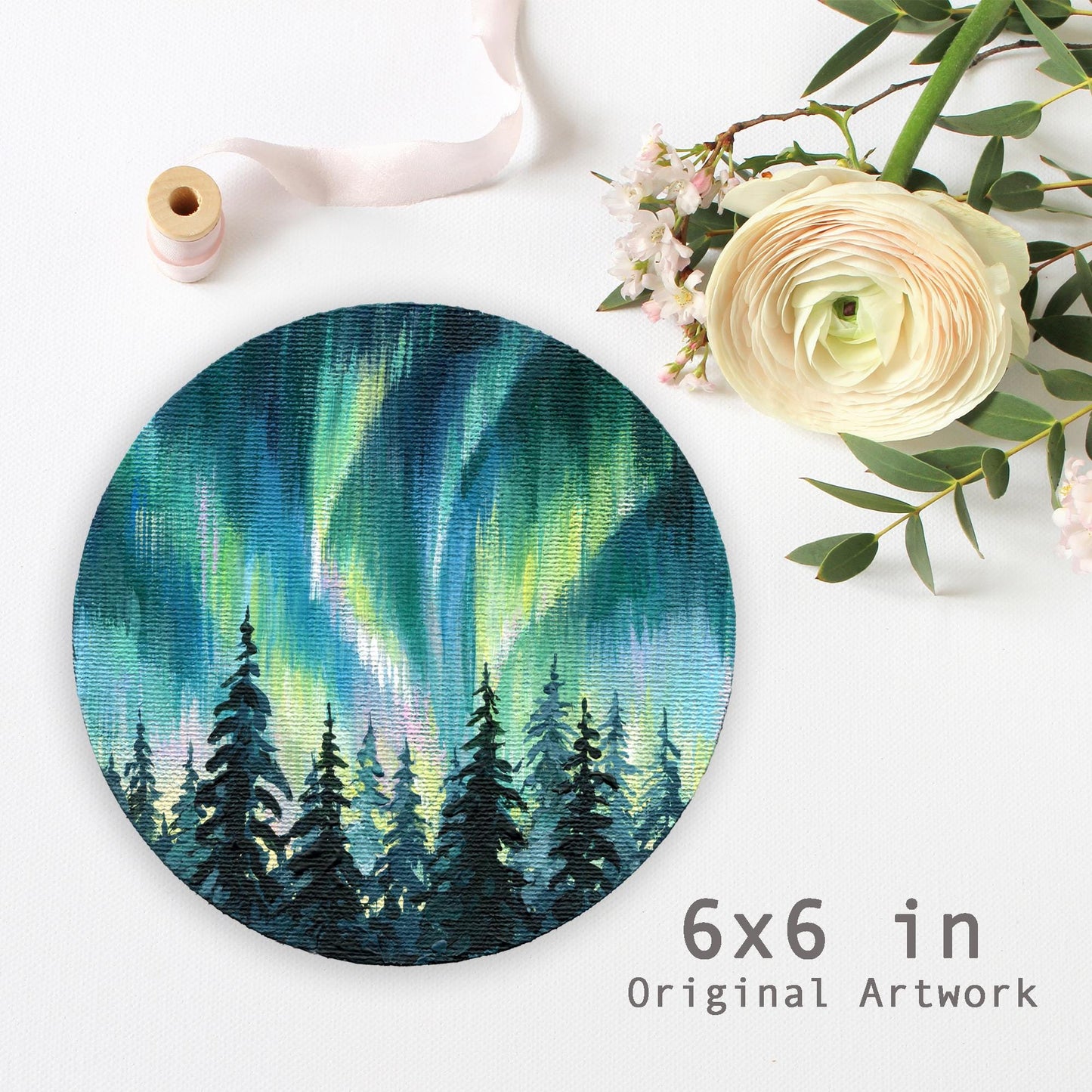Aurora Borealis Forest Painting – 6x6 In Round Acrylic Art – Northern Lights Night Sky – Hand Painted Landscape – Winter Wall Decor, oil art