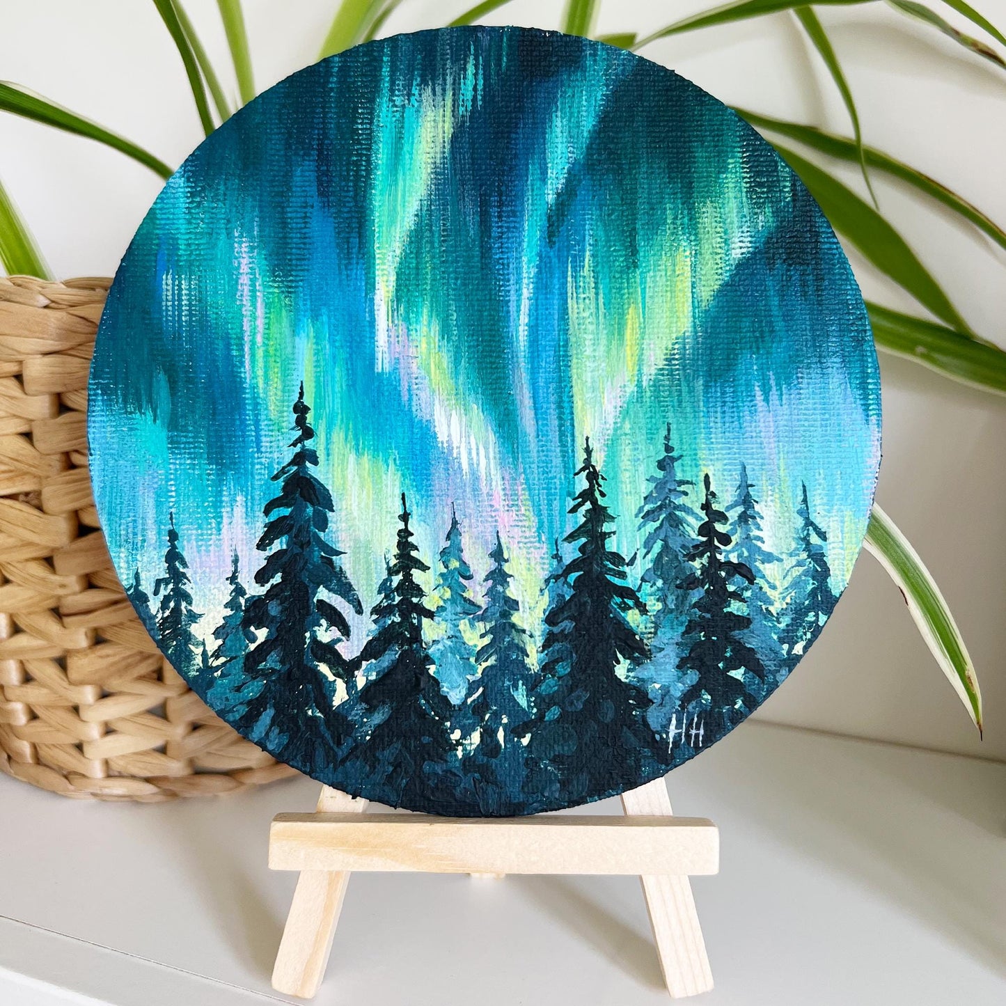 Aurora Borealis Forest Painting – 6x6 In Round Acrylic Art – Northern Lights Night Sky – Hand Painted Landscape – Winter Wall Decor, oil art