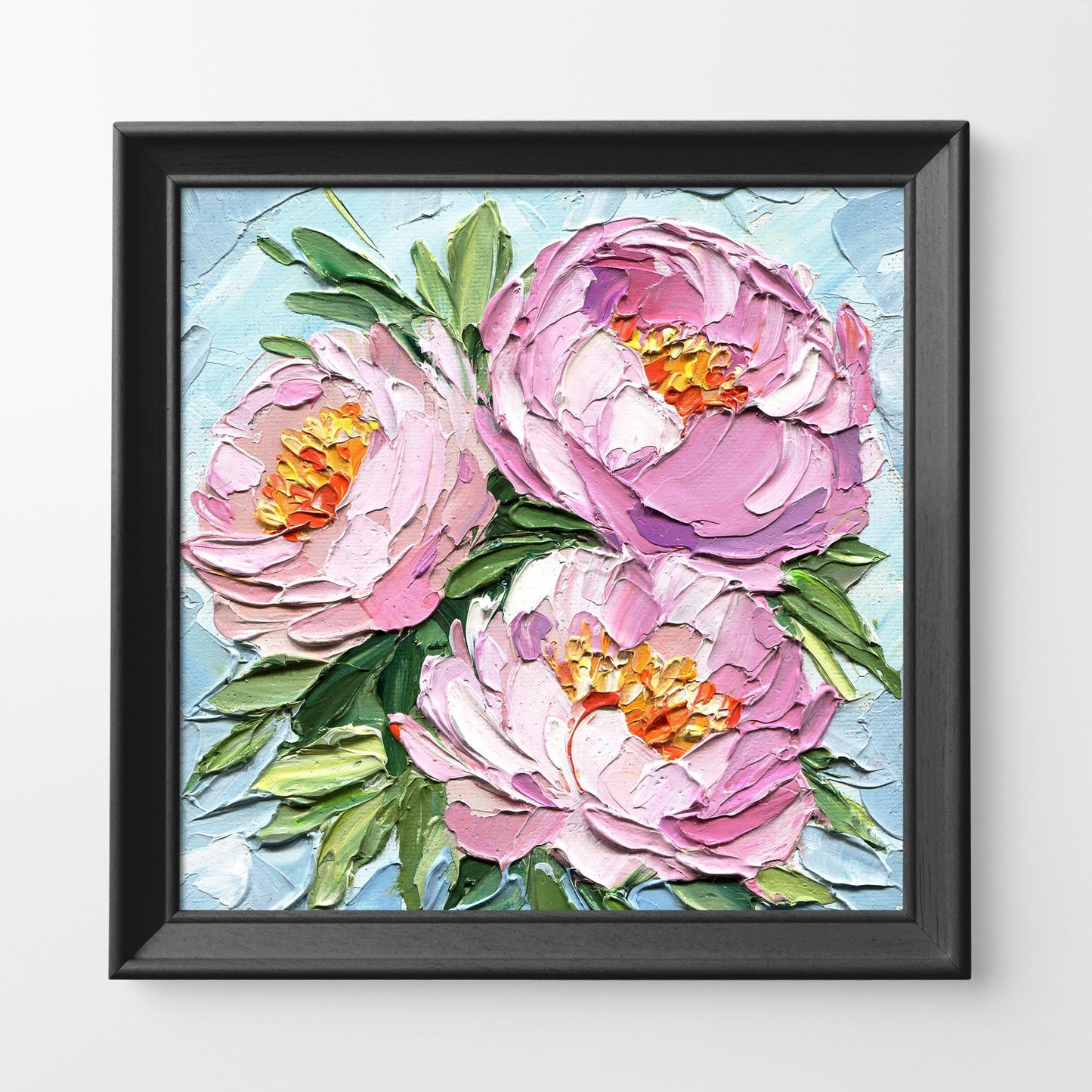 Close-up view of peony oil painting showing thick impasto texture and brushwork details, featuring delicate pink flower petals with dimensional quality