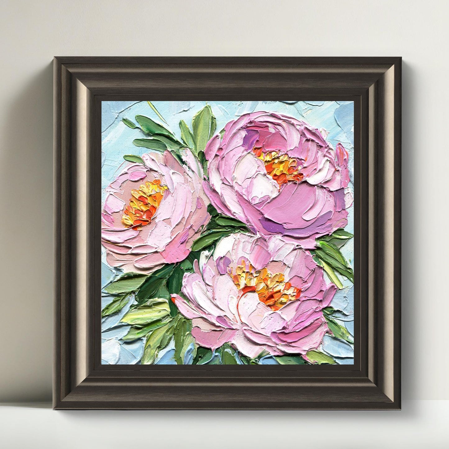 Side angle of peony impasto painting highlighting the three-dimensional texture of the oil paint on canvas, showcasing the artist's technique