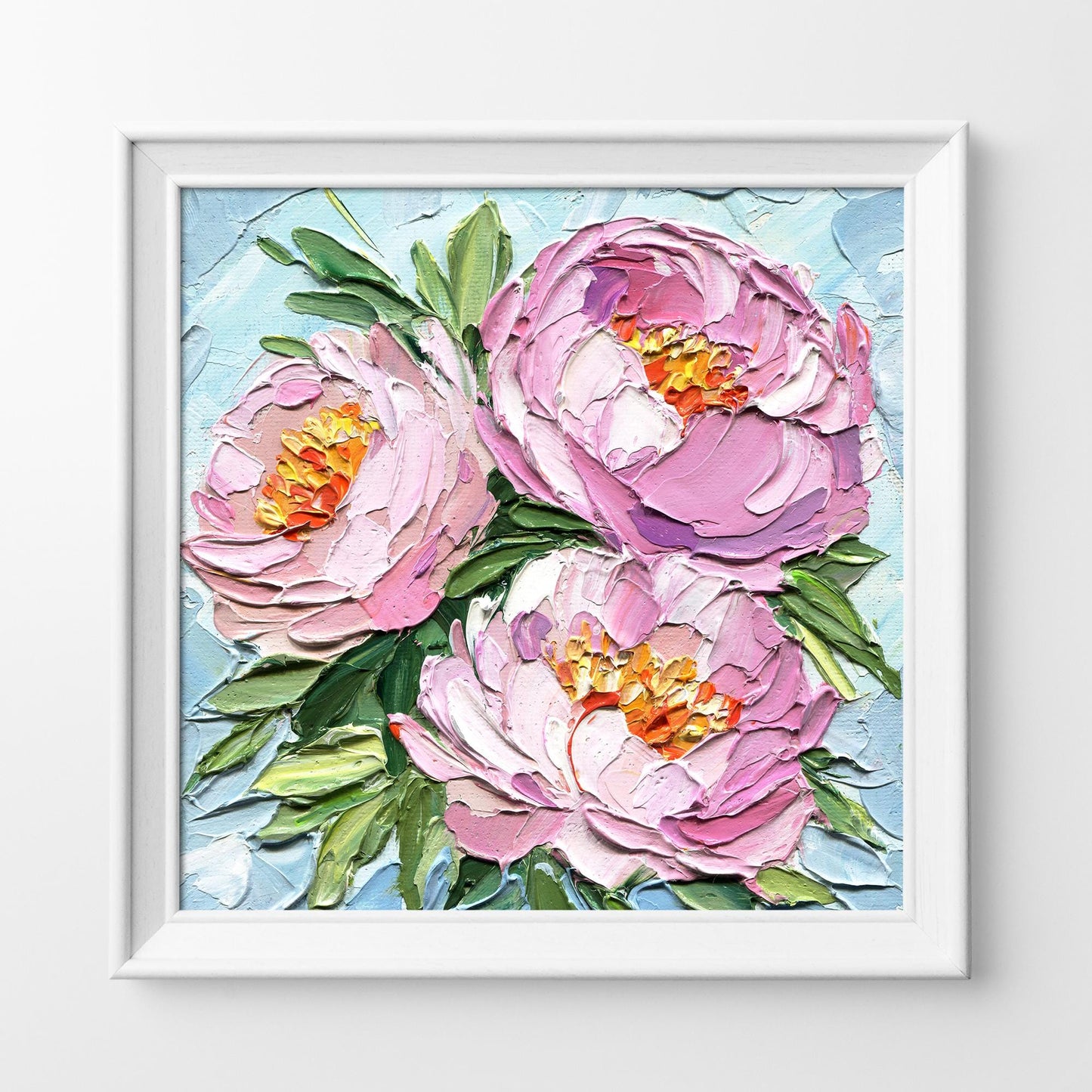 Pink peony original oil painting displayed in interior setting, showing the textured floral artwork as elegant wall decor in a living space