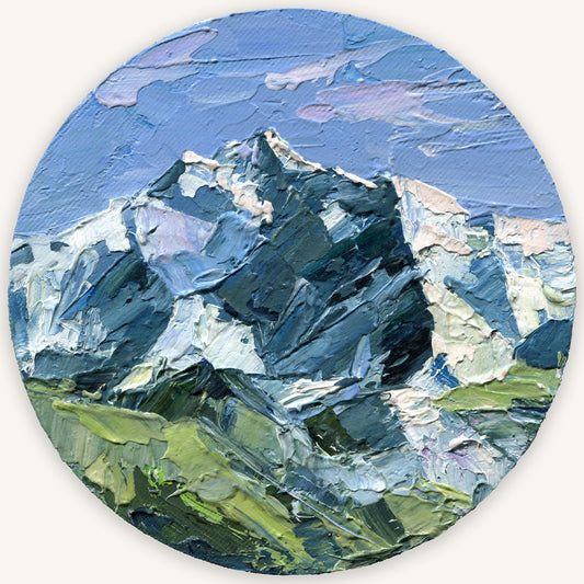 Makalu Mountain Oil Painting – 6x6 Inch Round Impasto Art – Himalaya Landscape – Textured Palette Knife Painting