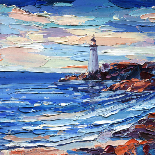 Macro shot of Hanna Hryharenka's lighthouse composition revealing the ivory beacon against dramatic evening sky with waves crashing below, authentic piece perfect for maritime enthusiasts, coastal dwellers, and artisanal seascape art connoisseurs