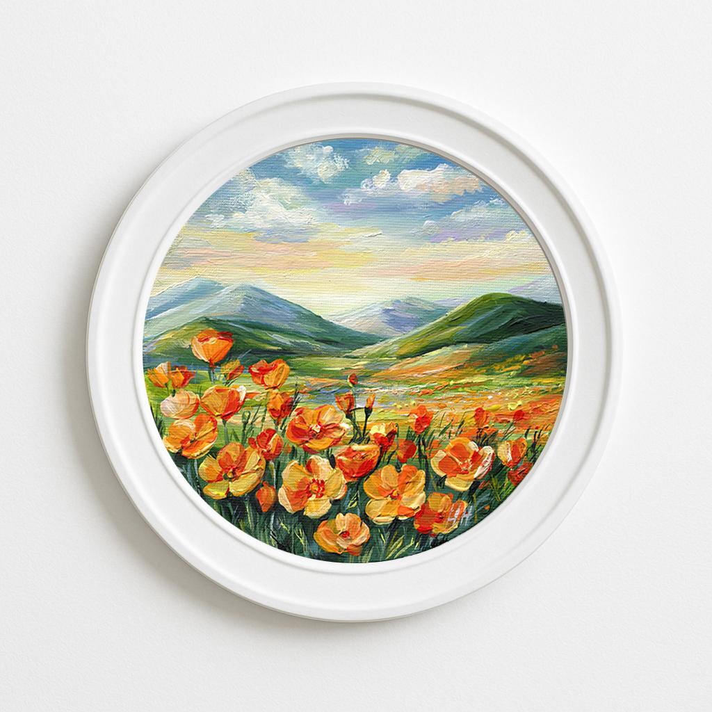 California Poppies Landscape – Original Painting Round canvas 6x6", Vibrant Floral Art, Wildflower Meadow Wall Decor, orange flowers, Gift