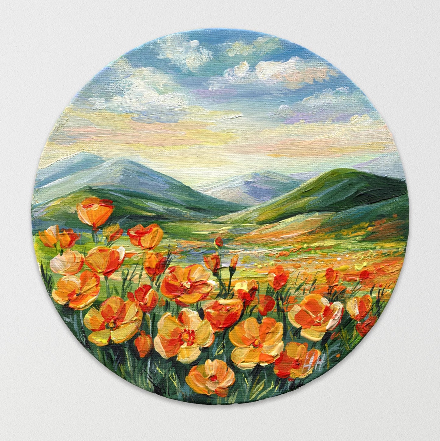 California Poppies Landscape – Original Painting Round canvas 6x6", Vibrant Floral Art, Wildflower Meadow Wall Decor, orange flowers, Gift