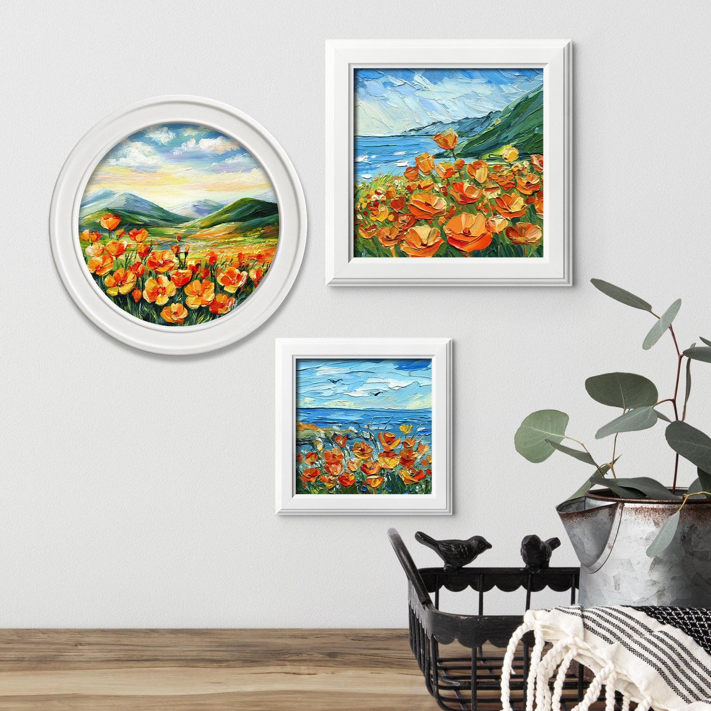 California Poppies Landscape – Original Painting Round canvas 6x6", Vibrant Floral Art, Wildflower Meadow Wall Decor, orange flowers, Gift