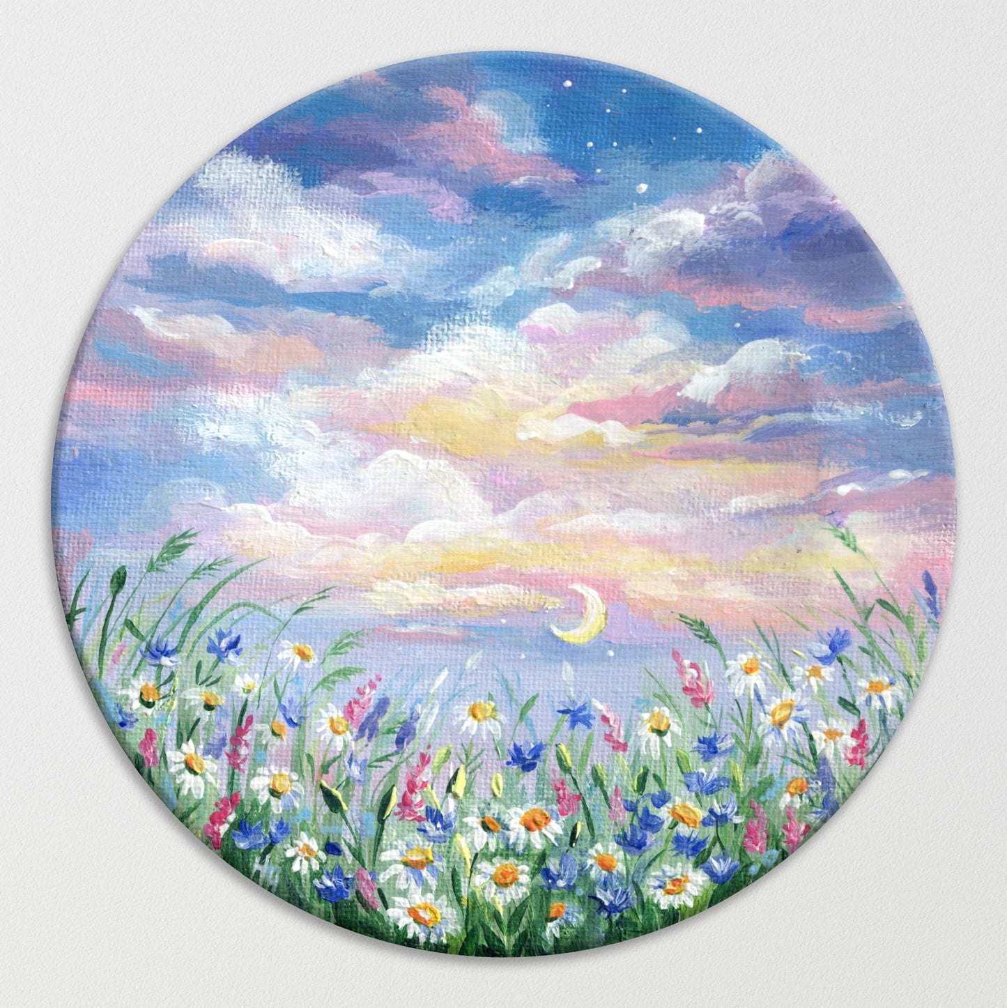 Moonrise Over Wildflower Meadow – Original 6x6" Round Acrylic Painting, Floral Night Sky Artwork, Dreamy Pastel Nature Decor, Birthday gift