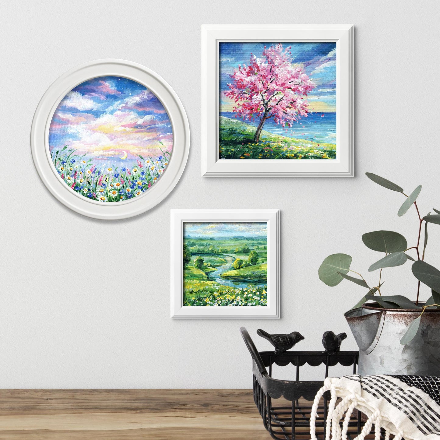Moonrise Over Wildflower Meadow – Original 6x6" Round Acrylic Painting, Floral Night Sky Artwork, Dreamy Pastel Nature Decor, Birthday gift