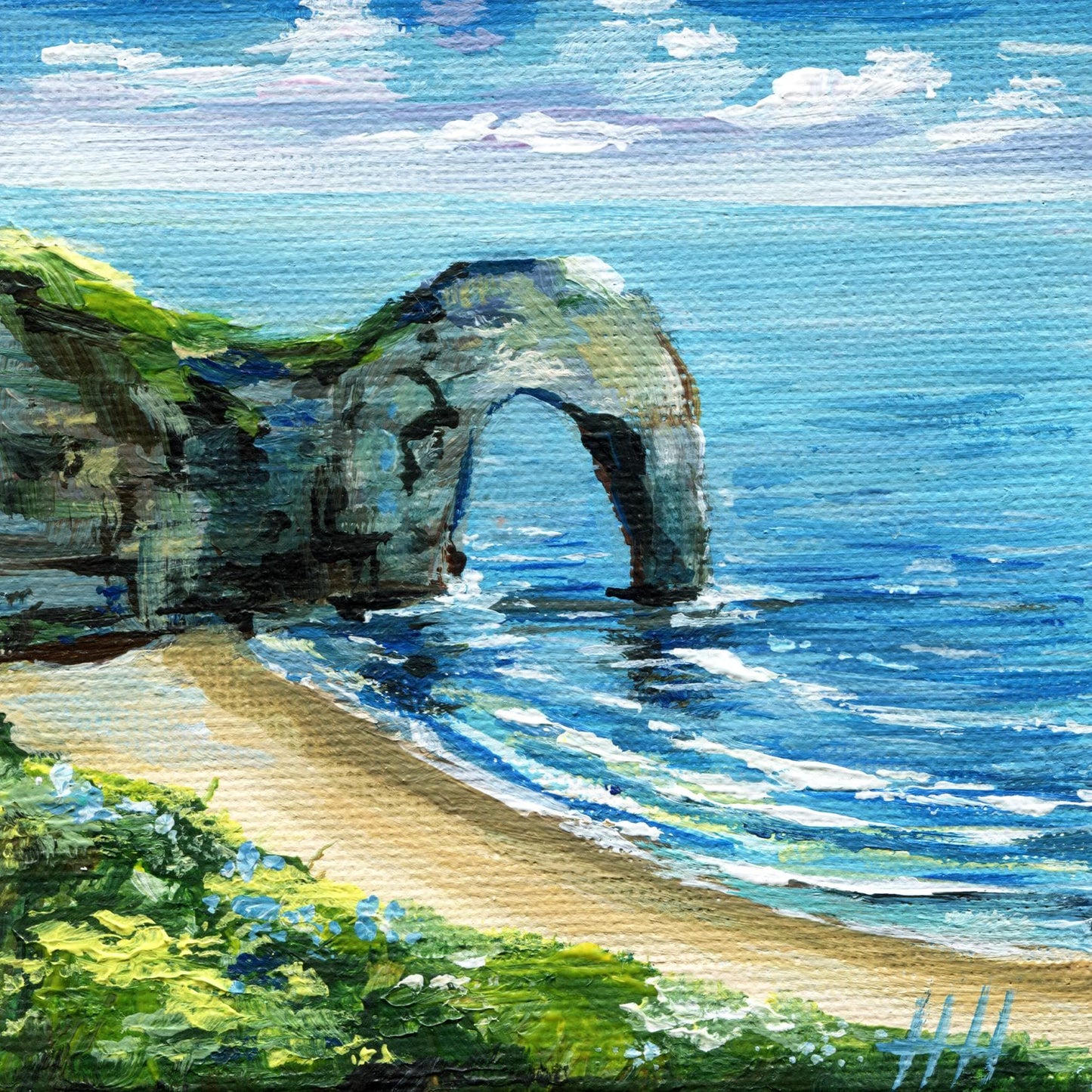 Etretat Arch France – Original Acrylic Seascape Painting 10x10 cm, Normandy Coast Mini Canvas, Beach Wall Art, Ocean Cliff Landscape gift