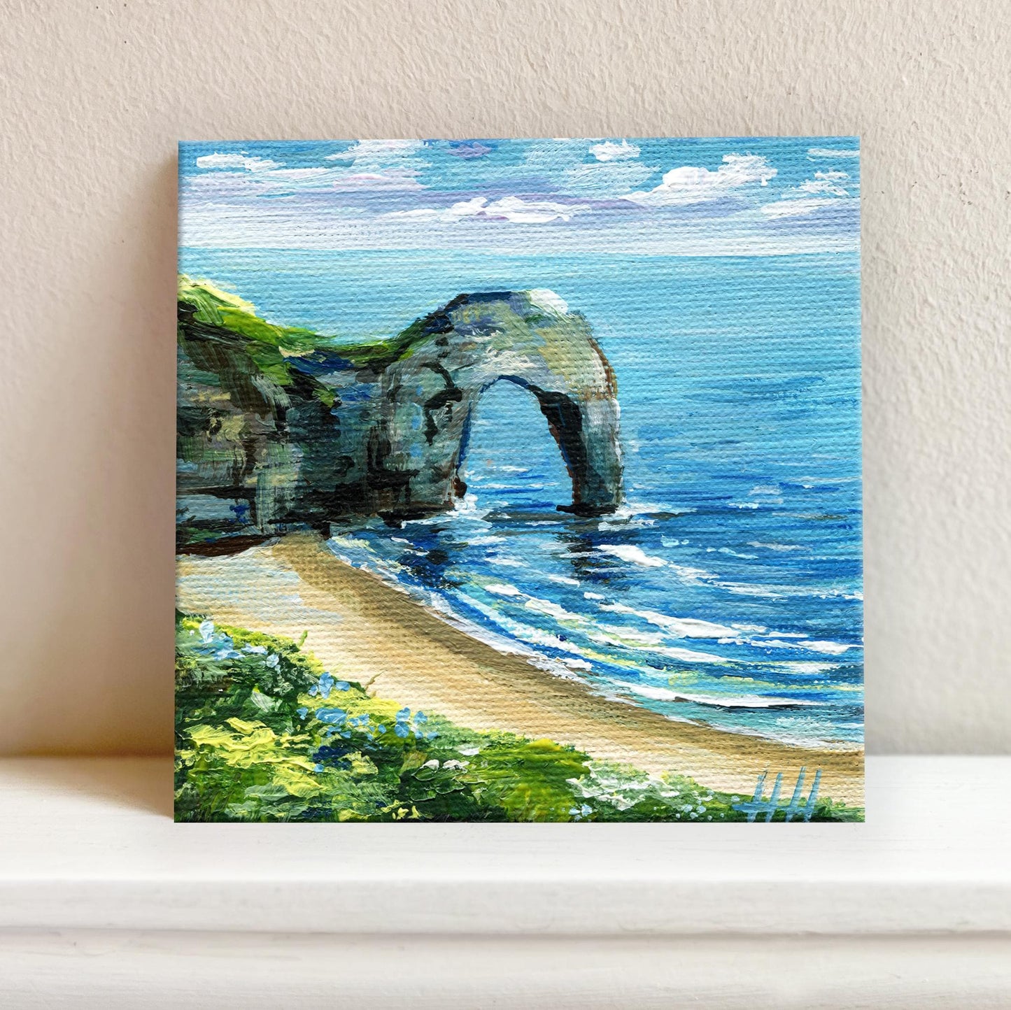 Etretat Arch France – Original Acrylic Seascape Painting 10x10 cm, Normandy Coast Mini Canvas, Beach Wall Art, Ocean Cliff Landscape gift
