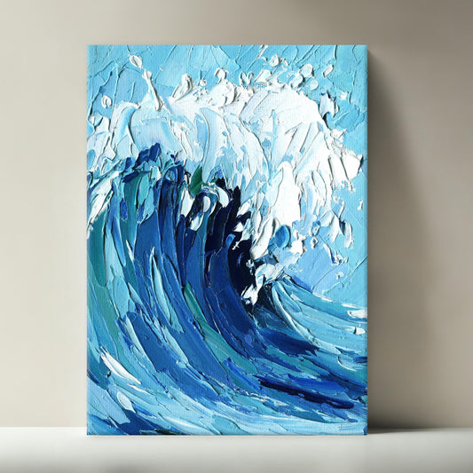 One-of-a-kind ocean wave oil painting by Hanna Hryharenka, featuring a textured impasto seascape in bold blues and whites