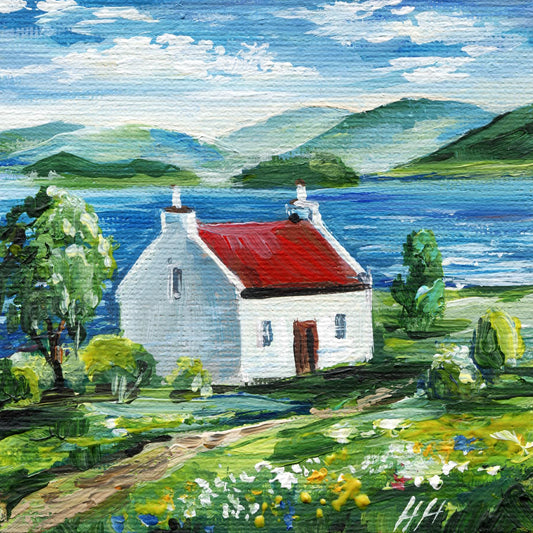 Scotland Original Painting | Scottish Countryside Cottage Impasto Art | Original 4x4 in Acrylic Wall Decor | Rural Landscape House Artwork