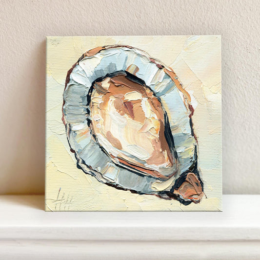 Original 4x4 inch oyster oil painting by Hanna Hryharenka featuring detailed impasto texture in neutral cream and tan colors, perfect for gourmet kitchen wall decor by Hanna Art
