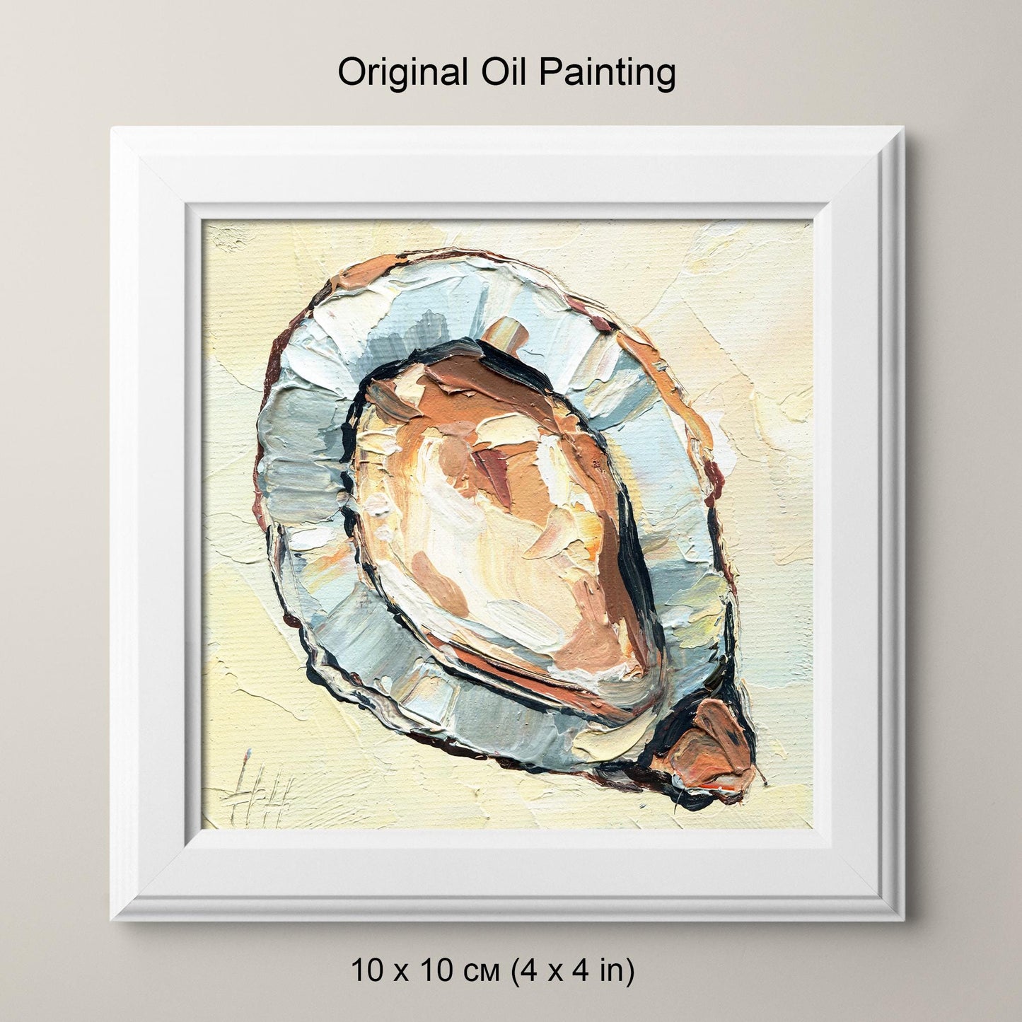 Oyster oil painting by Hanna Hryharenka displayed in kitchen setting, showing how the small 4x4 inch seafood artwork adds sophisticated coastal charm to culinary spaces