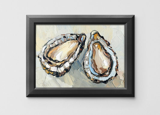 Original 5x7 inch oysters oil painting by Hanna Hryharenka featuring two freshly opened oysters with rich impasto texture in soft natural tones, perfect for gourmet kitchen wall decor by Hanna Art