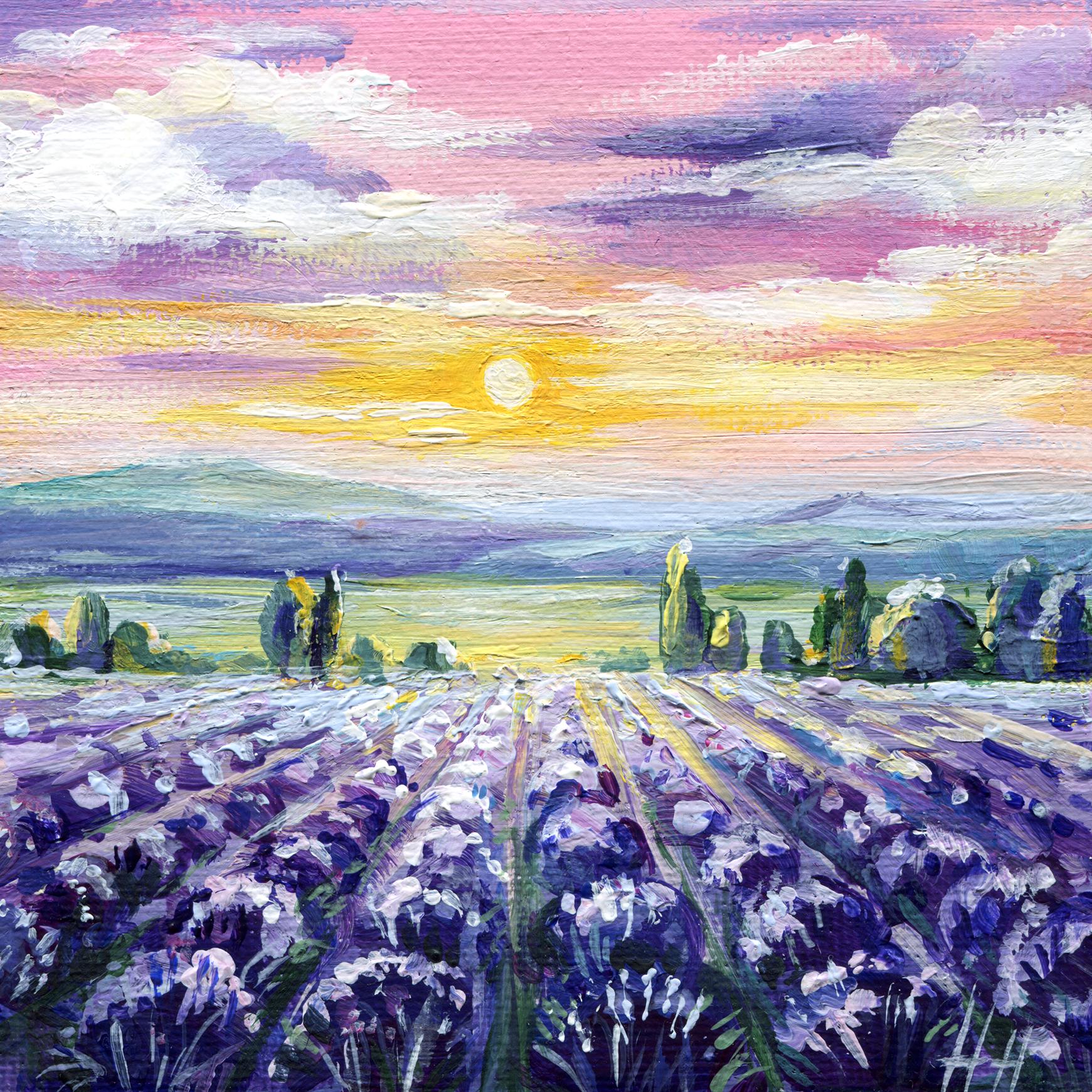 4x4 inch hand-painted lavender artwork with golden sunset – romantic French countryside decor